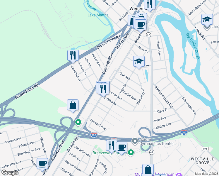 map of restaurants, bars, coffee shops, grocery stores, and more near 825 Broadway in Westville
