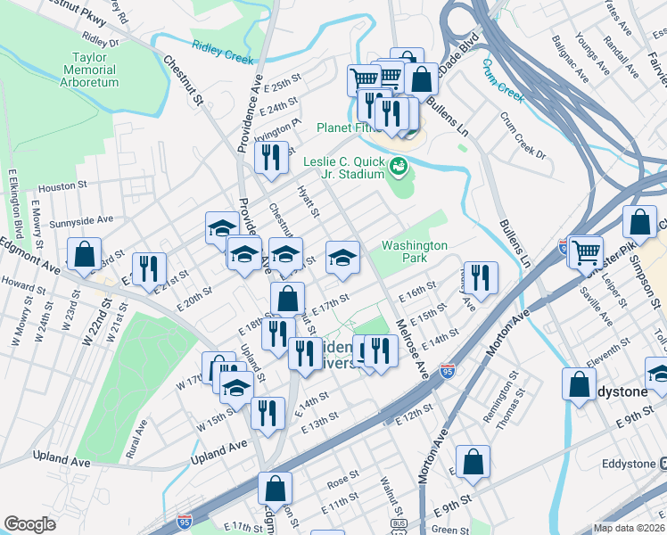 map of restaurants, bars, coffee shops, grocery stores, and more near 700 East 18th Street in Chester