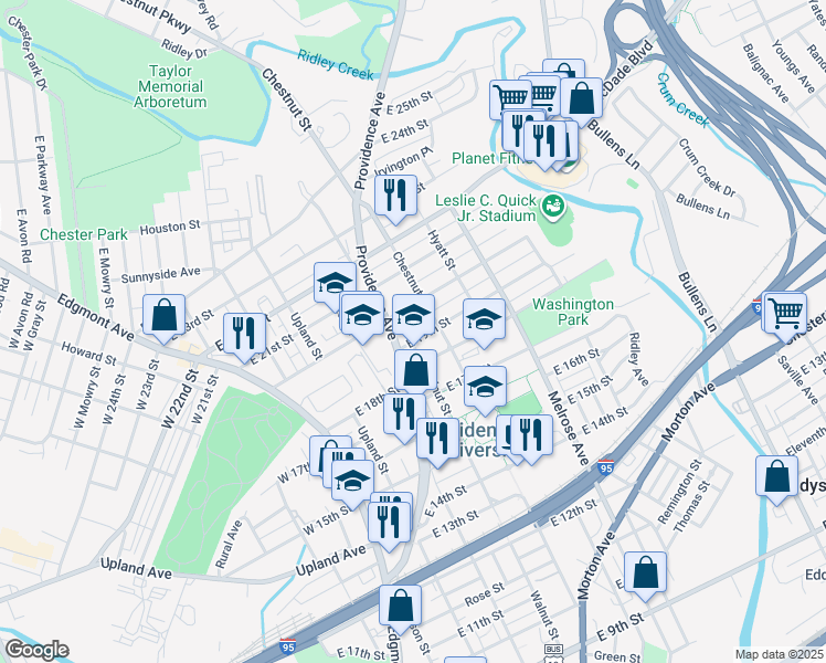 map of restaurants, bars, coffee shops, grocery stores, and more near 1800 Walnut Street in Chester