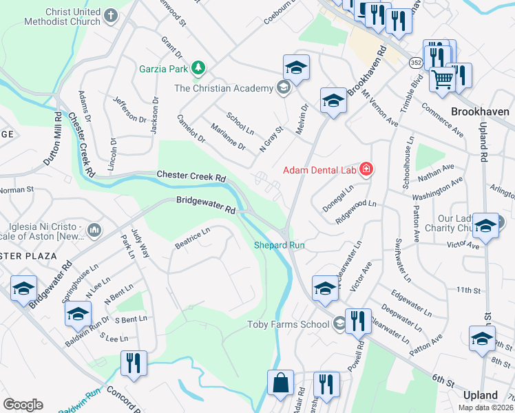 map of restaurants, bars, coffee shops, grocery stores, and more near Bridgewater Road in Brookhaven