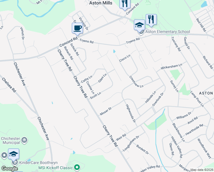 map of restaurants, bars, coffee shops, grocery stores, and more near 45 Scott Lane in Aston