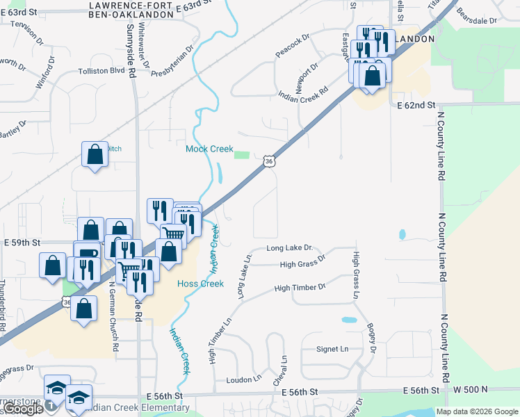 map of restaurants, bars, coffee shops, grocery stores, and more near 5925 Harsin Lane in Indianapolis