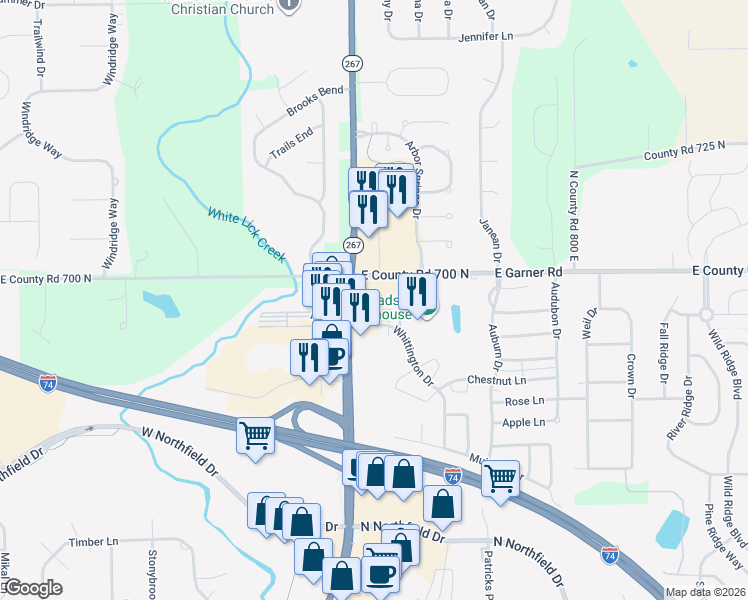 map of restaurants, bars, coffee shops, grocery stores, and more near 2 Whittington Drive in Brownsburg