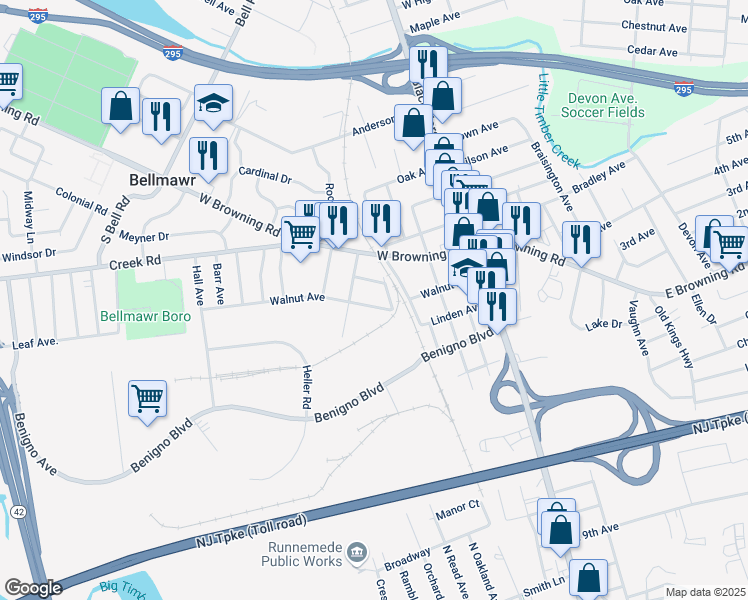 map of restaurants, bars, coffee shops, grocery stores, and more near 118 Walnut Avenue in Bellmawr