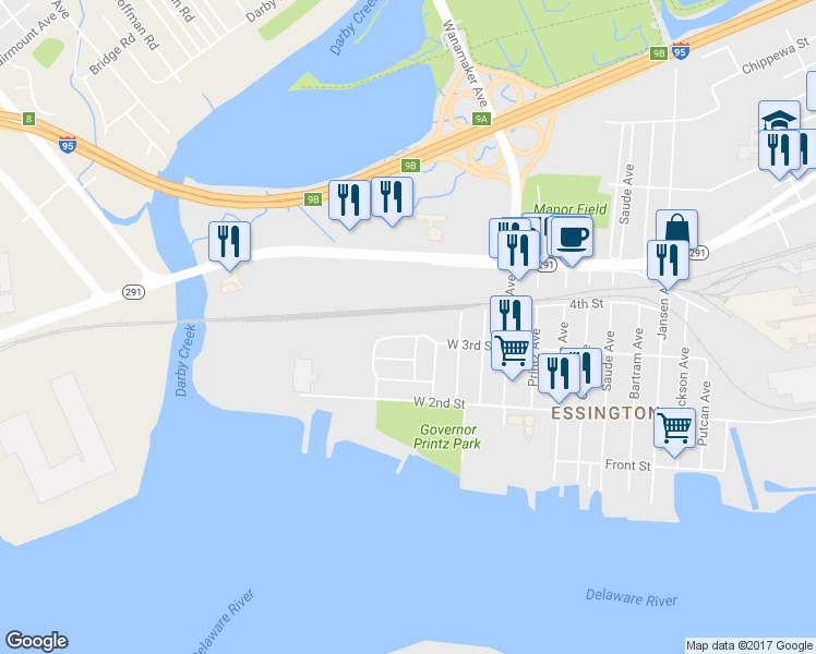 map of restaurants, bars, coffee shops, grocery stores, and more near 405 Corinthian Avenue in Tinicum Township