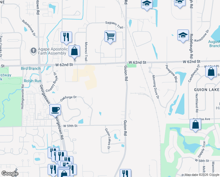 map of restaurants, bars, coffee shops, grocery stores, and more near 6060 Guion Road in Indianapolis