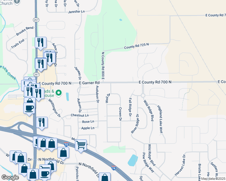 map of restaurants, bars, coffee shops, grocery stores, and more near 6974 Weil Drive in Brownsburg