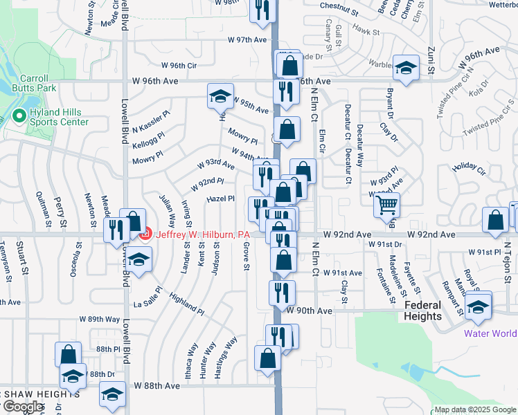 map of restaurants, bars, coffee shops, grocery stores, and more near 9295 Federal Boulevard in Westminster