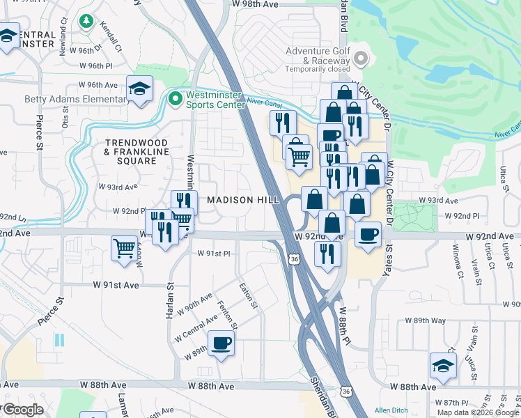map of restaurants, bars, coffee shops, grocery stores, and more near 69 West 92nd Avenue in Westminster