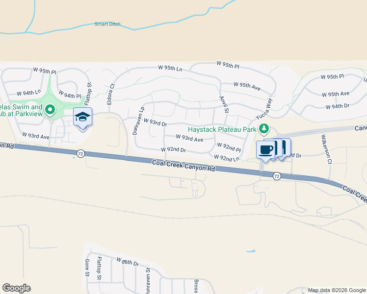 map of restaurants, bars, coffee shops, grocery stores, and more near 18845 West 93rd Avenue in Arvada