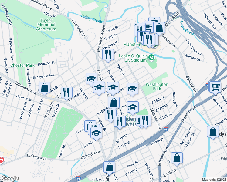 map of restaurants, bars, coffee shops, grocery stores, and more near 625 East 20th Street in Chester