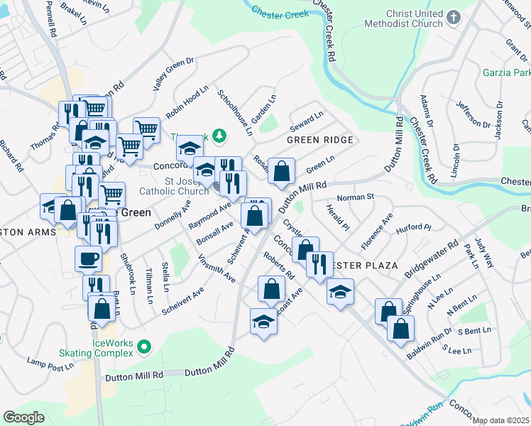 map of restaurants, bars, coffee shops, grocery stores, and more near 3210 Concord Road in Aston