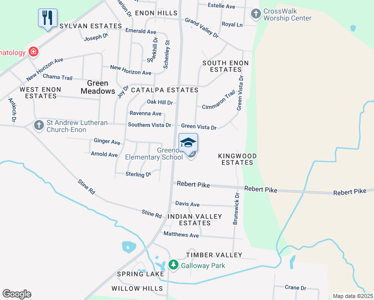 map of restaurants, bars, coffee shops, grocery stores, and more near 61 Green Vista Drive in Enon