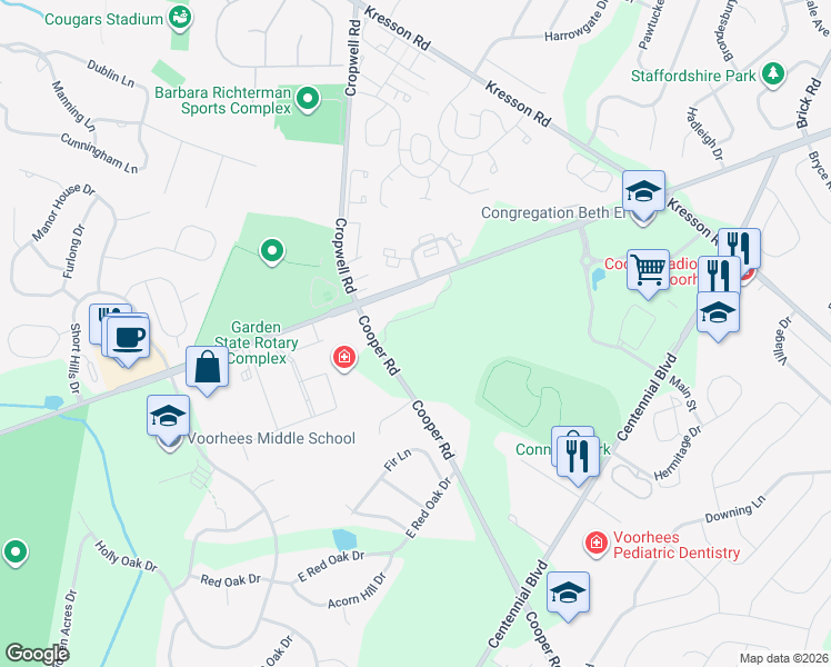 map of restaurants, bars, coffee shops, grocery stores, and more near 2401 East Evesham Road in Voorhees Township