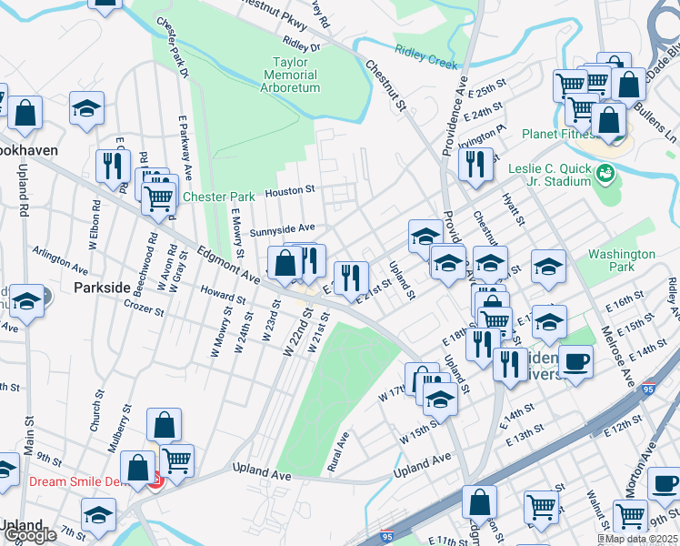 map of restaurants, bars, coffee shops, grocery stores, and more near 46 East 22nd Street in Chester
