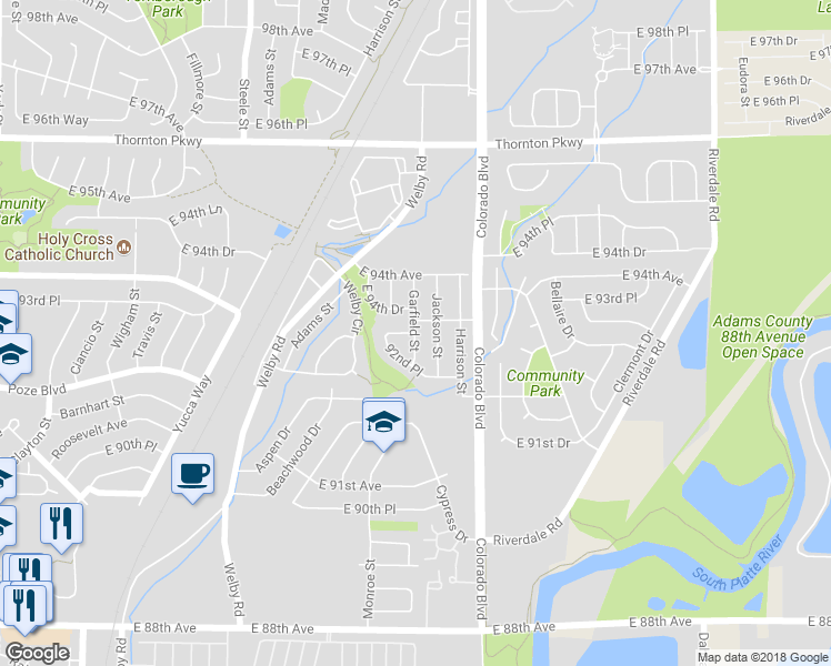 map of restaurants, bars, coffee shops, grocery stores, and more near 13624 Garfield Street in Denver