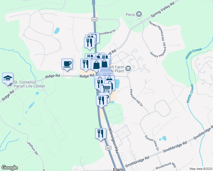 map of restaurants, bars, coffee shops, grocery stores, and more near 525 Glen Eagle Square in Glen Mills