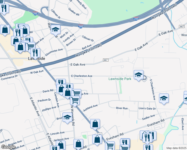 map of restaurants, bars, coffee shops, grocery stores, and more near 107 East Charleston Avenue in Lawnside