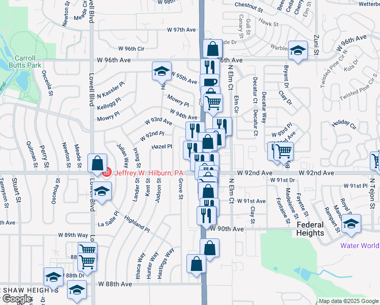 map of restaurants, bars, coffee shops, grocery stores, and more near 9295 Federal Boulevard in Westminster