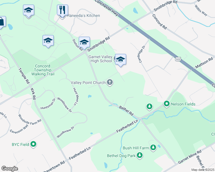 map of restaurants, bars, coffee shops, grocery stores, and more near 209 Bethel Road in Glen Mills