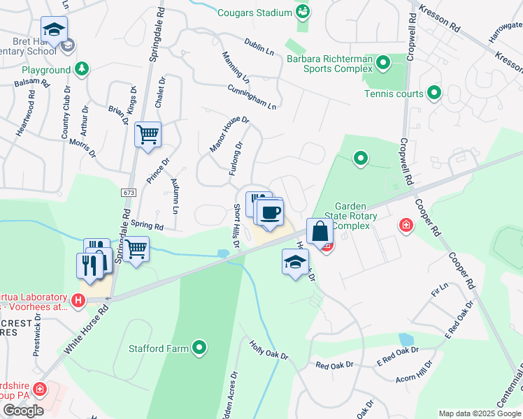 map of restaurants, bars, coffee shops, grocery stores, and more near 50 Bridle Court in Cherry Hill