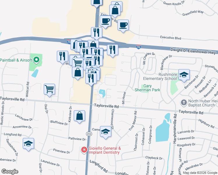 map of restaurants, bars, coffee shops, grocery stores, and more near 5598 Huber Road in Huber Heights