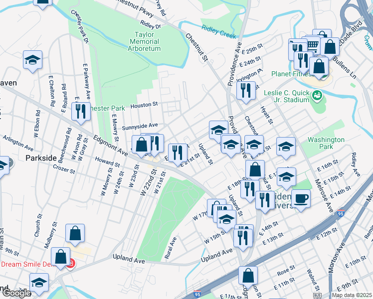 map of restaurants, bars, coffee shops, grocery stores, and more near 105 East 22nd Street in Chester
