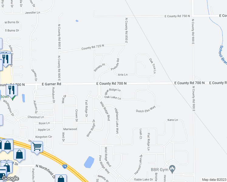 map of restaurants, bars, coffee shops, grocery stores, and more near 1333 Blue Ridge Lane in Brownsburg
