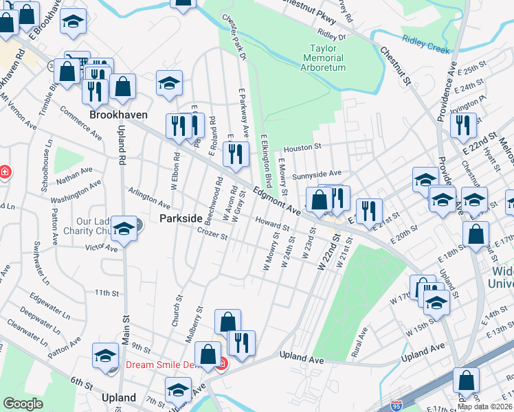 map of restaurants, bars, coffee shops, grocery stores, and more near 2510 Edgmont Avenue in Chester