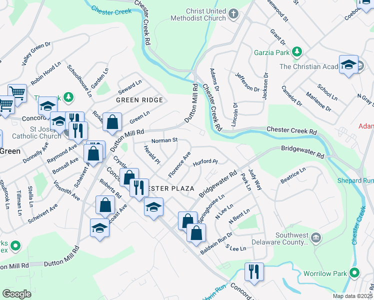 map of restaurants, bars, coffee shops, grocery stores, and more near 58 Florence Avenue in Aston