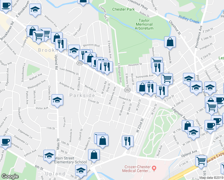 map of restaurants, bars, coffee shops, grocery stores, and more near 26 West Parkway Avenue in Chester