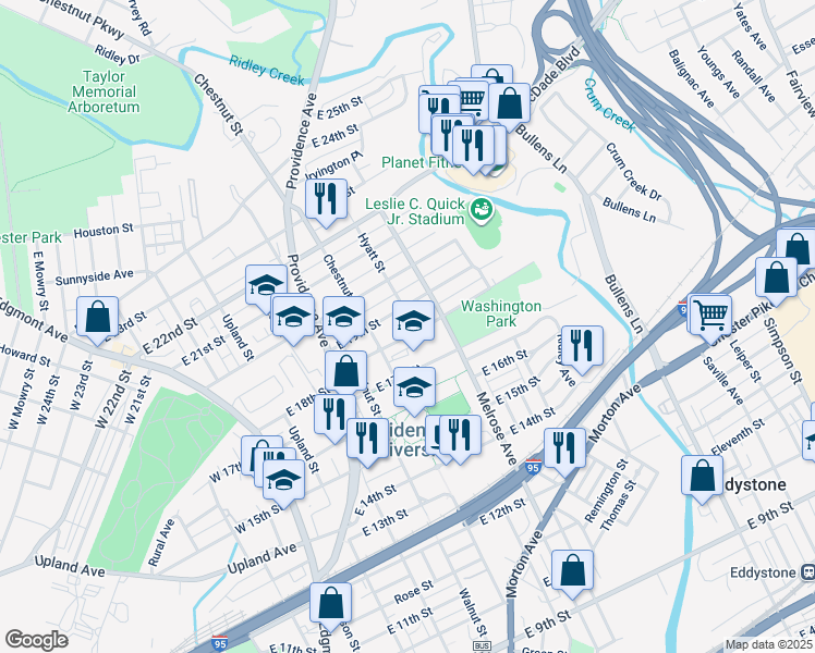 map of restaurants, bars, coffee shops, grocery stores, and more near 730 East 18th Street in Chester