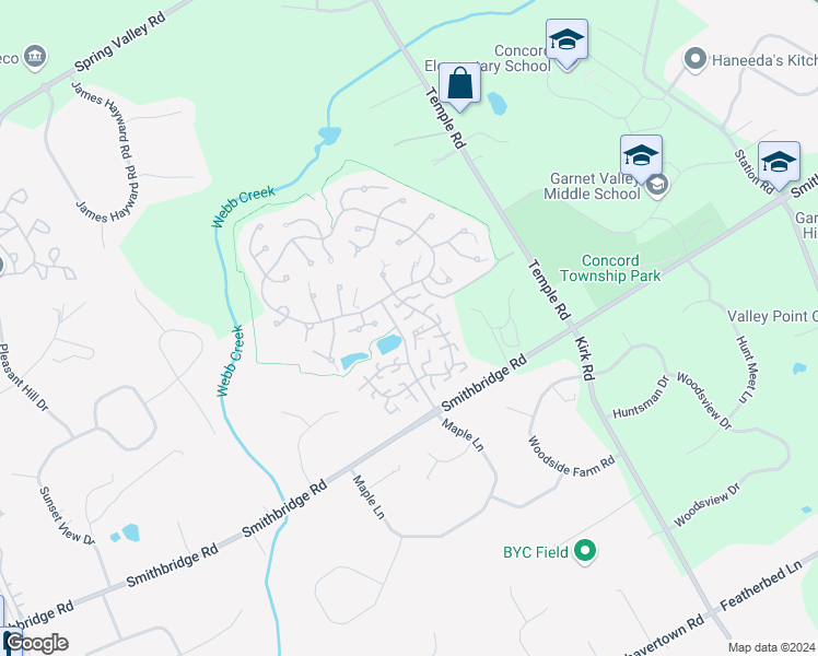 map of restaurants, bars, coffee shops, grocery stores, and more near 161 West Matthew Wood Way in Glen Mills