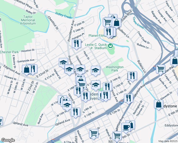 map of restaurants, bars, coffee shops, grocery stores, and more near 407 East 19th Street in Chester