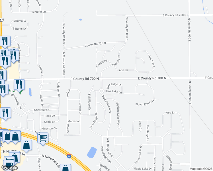 map of restaurants, bars, coffee shops, grocery stores, and more near 1308 Blue Ridge Lane in Brownsburg