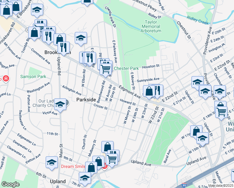 map of restaurants, bars, coffee shops, grocery stores, and more near 26 West Parkway Avenue in Chester