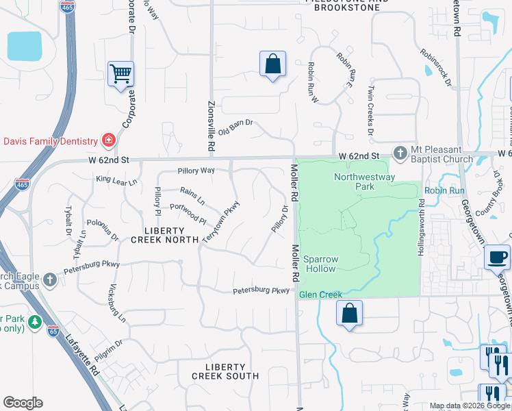 map of restaurants, bars, coffee shops, grocery stores, and more near 6122 Bethesda Way in Indianapolis