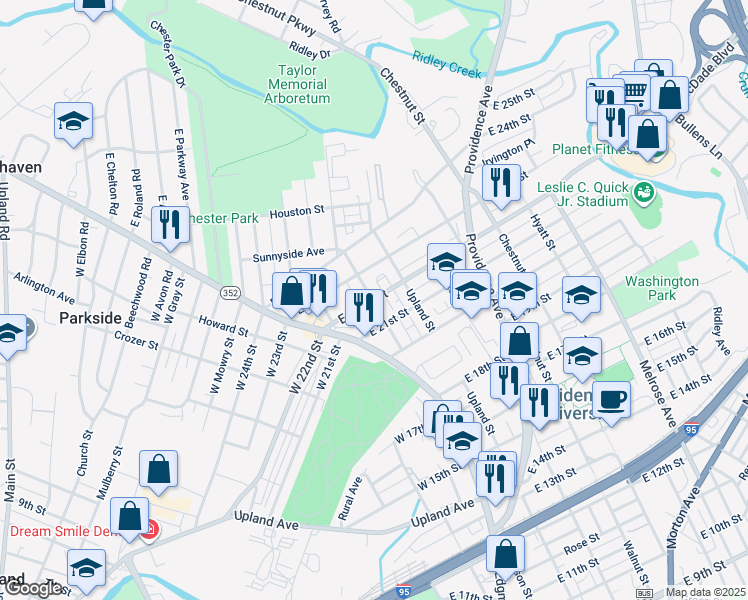 map of restaurants, bars, coffee shops, grocery stores, and more near 105 E 22nd St in Chester