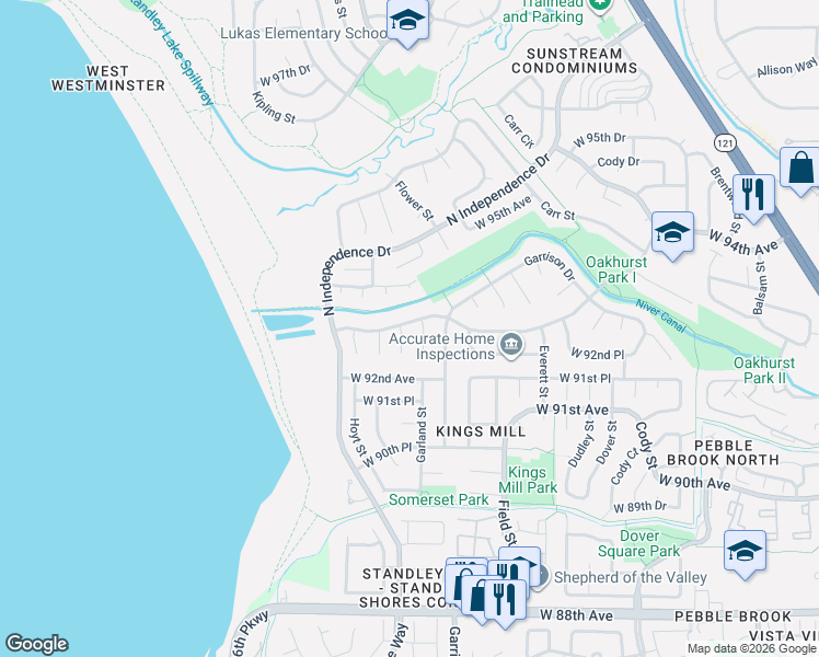 map of restaurants, bars, coffee shops, grocery stores, and more near 9231 West 93rd Avenue in Westminster