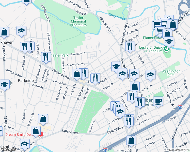 map of restaurants, bars, coffee shops, grocery stores, and more near 139 East 23rd Street in Chester