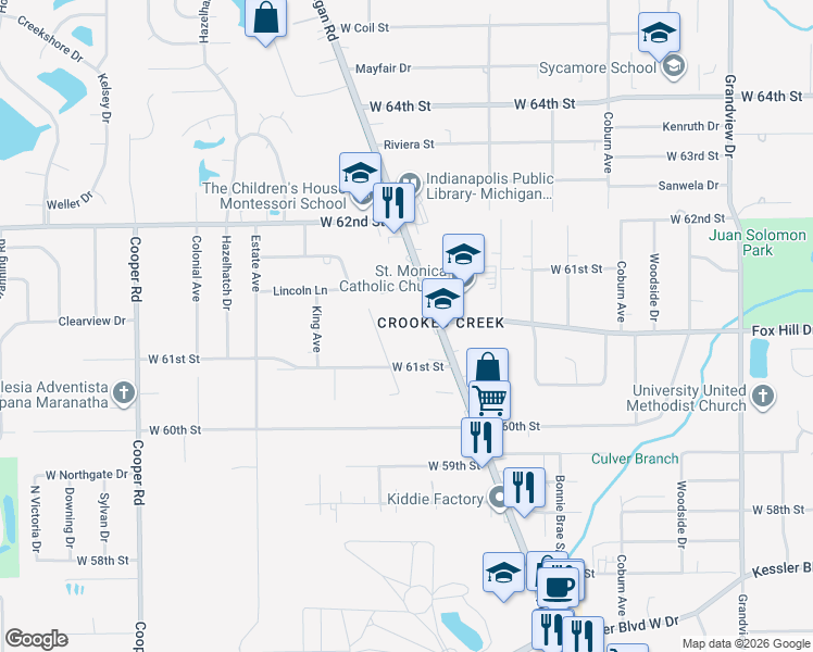 map of restaurants, bars, coffee shops, grocery stores, and more near 6138 Michigan Road in Indianapolis