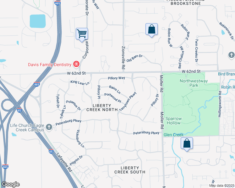map of restaurants, bars, coffee shops, grocery stores, and more near 5644 Rains Lane in Indianapolis