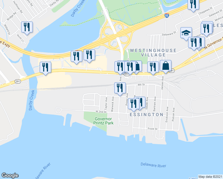 map of restaurants, bars, coffee shops, grocery stores, and more near 317 Warwick Avenue in Essington