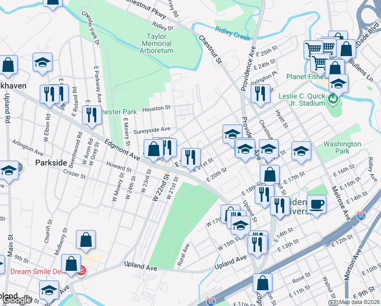 map of restaurants, bars, coffee shops, grocery stores, and more near 139 East 23rd Street in Chester