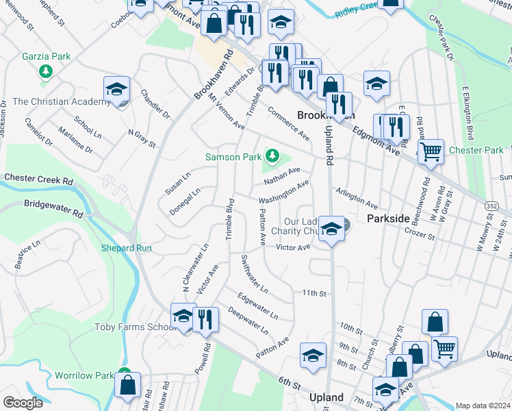 map of restaurants, bars, coffee shops, grocery stores, and more near 3500 Washington Avenue in Brookhaven