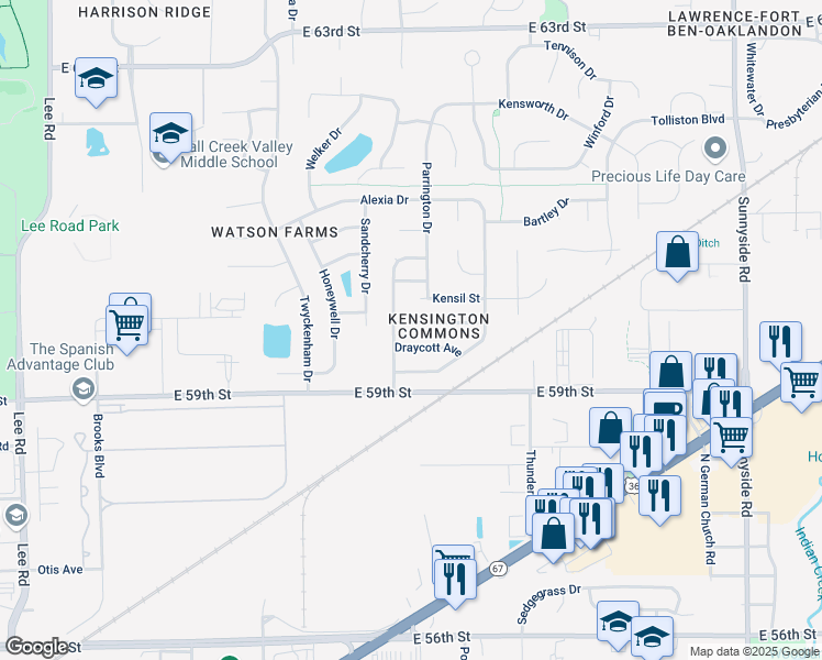map of restaurants, bars, coffee shops, grocery stores, and more near 10305 Hornton Street in Indianapolis