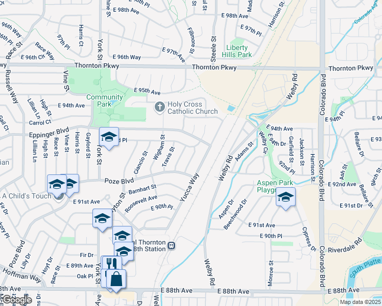map of restaurants, bars, coffee shops, grocery stores, and more near 9301 Anderson Street in Thornton