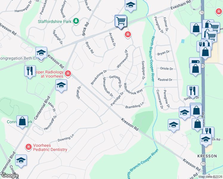 map of restaurants, bars, coffee shops, grocery stores, and more near 13 Cumberland Drive in Voorhees Township