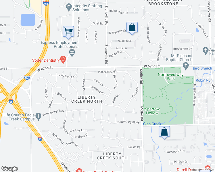 map of restaurants, bars, coffee shops, grocery stores, and more near 5614 Rains Lane in Indianapolis