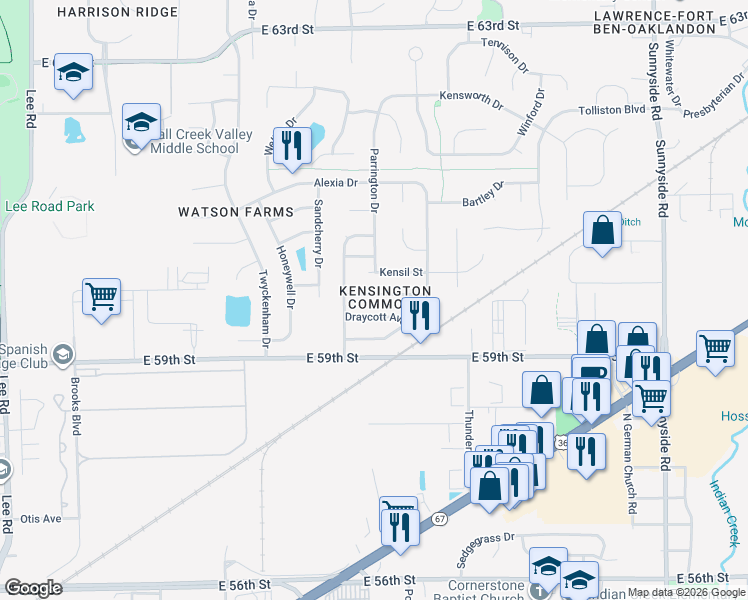 map of restaurants, bars, coffee shops, grocery stores, and more near 10321 Hornton Street in Indianapolis